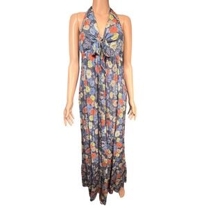 Lil Cotton Silk Halter Maxi Dress Floral Tie Front Blue Orange Yellow Size 6